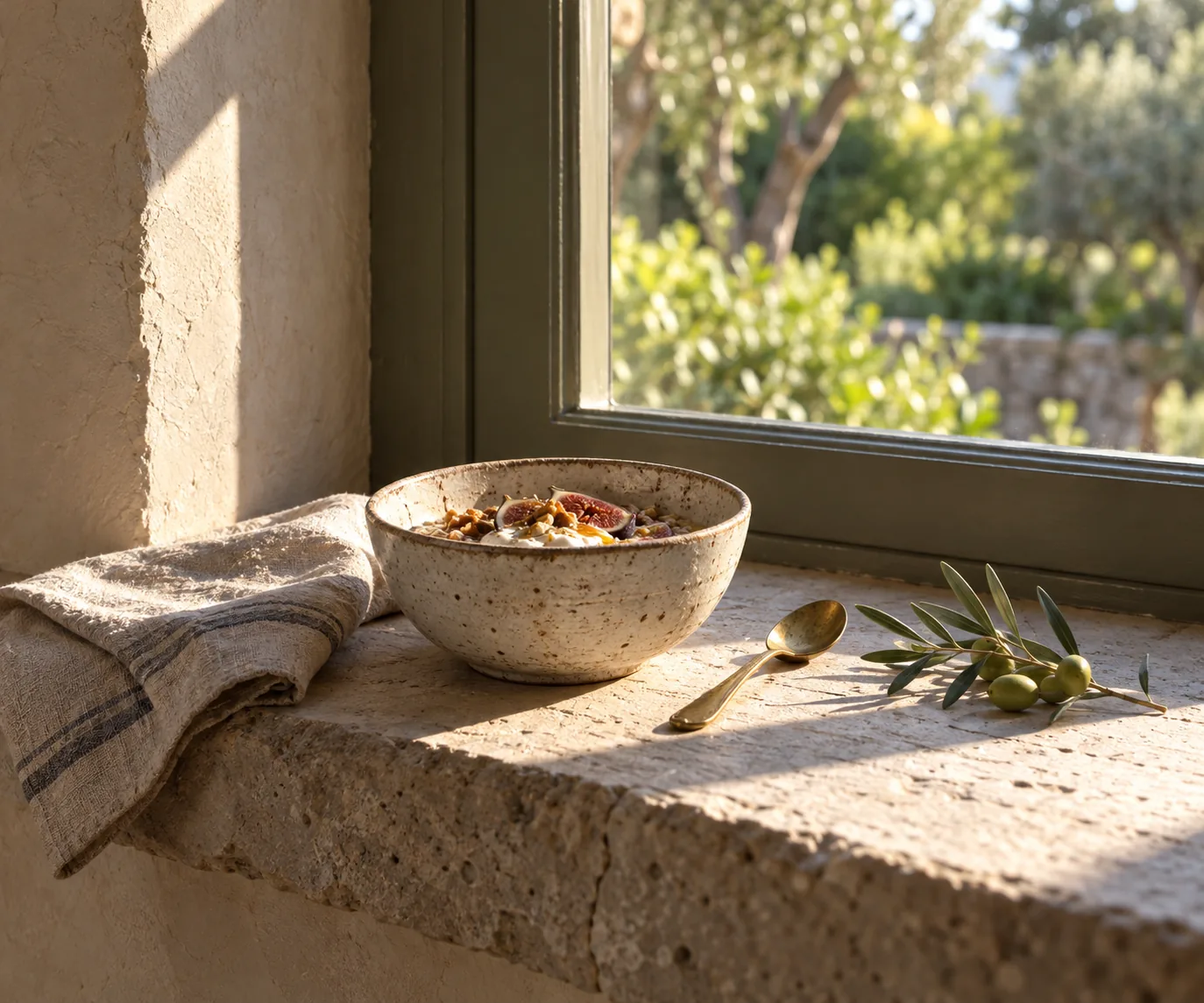 A ceramic bowl and olive sprig on a sunlit stone windowsill
