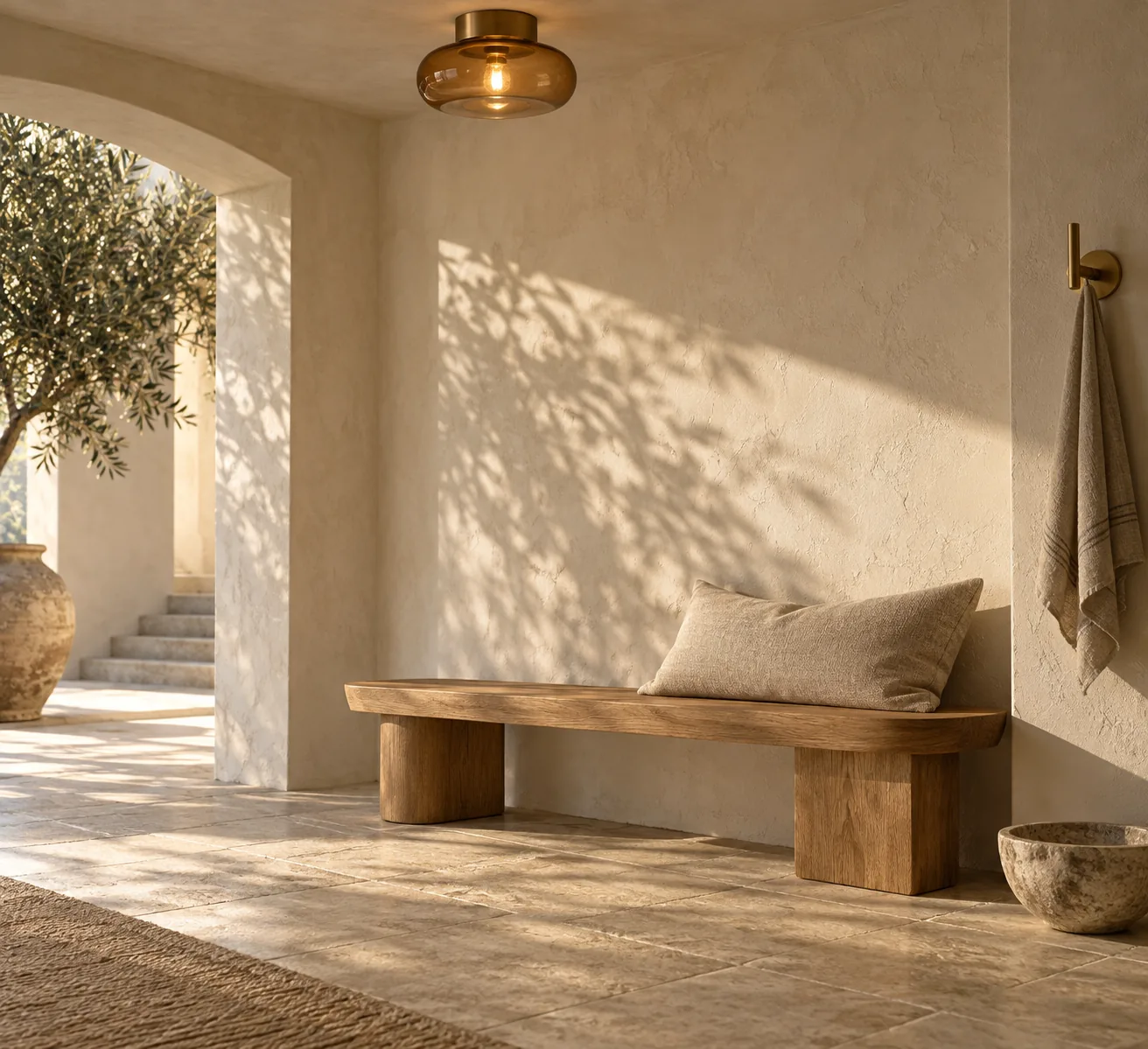 Sunlit plaster room with an amber glass ceiling light and oak bench