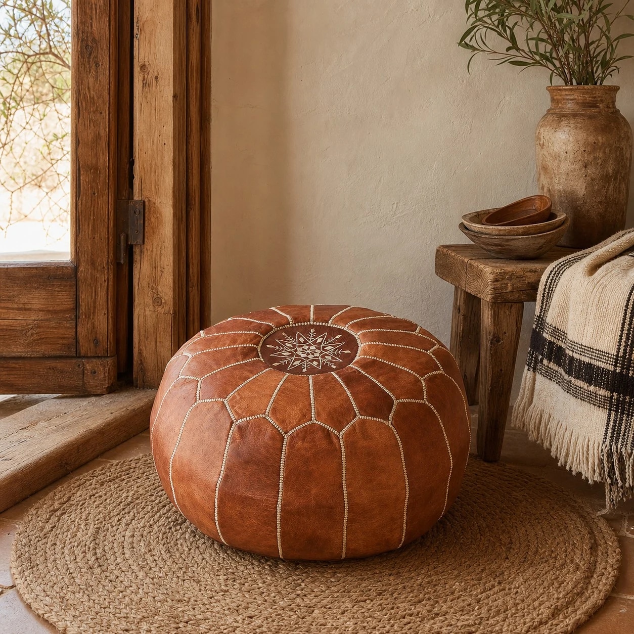 brown Moroccan pouf room scene