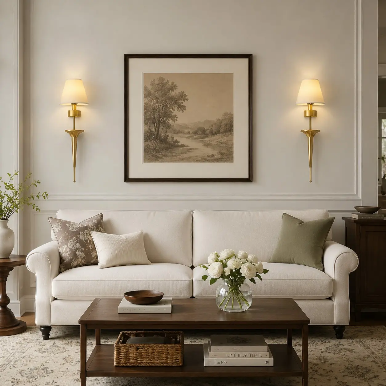 Brass fabric shade wall sconce installed in a living room