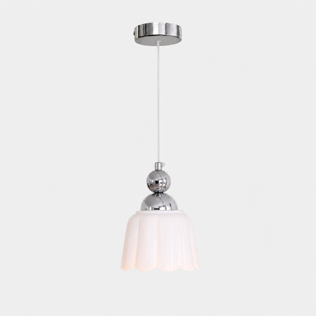 White scalloped ceramic pendant lamp with polished metal canopy